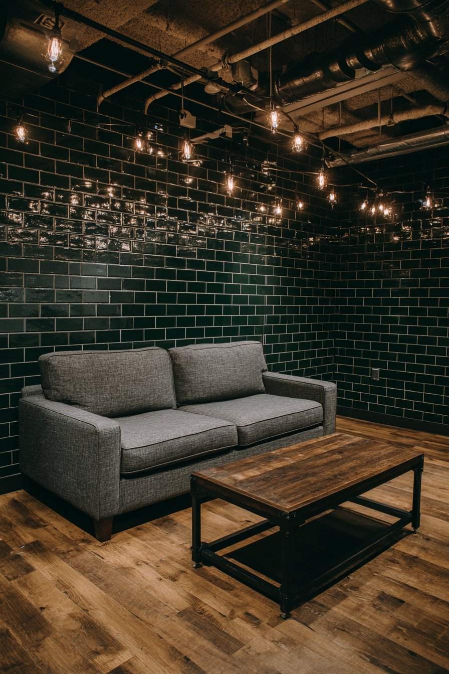 Dark green glossy subway tile wall behind a grey flannel sofa with string lights and white oak floor