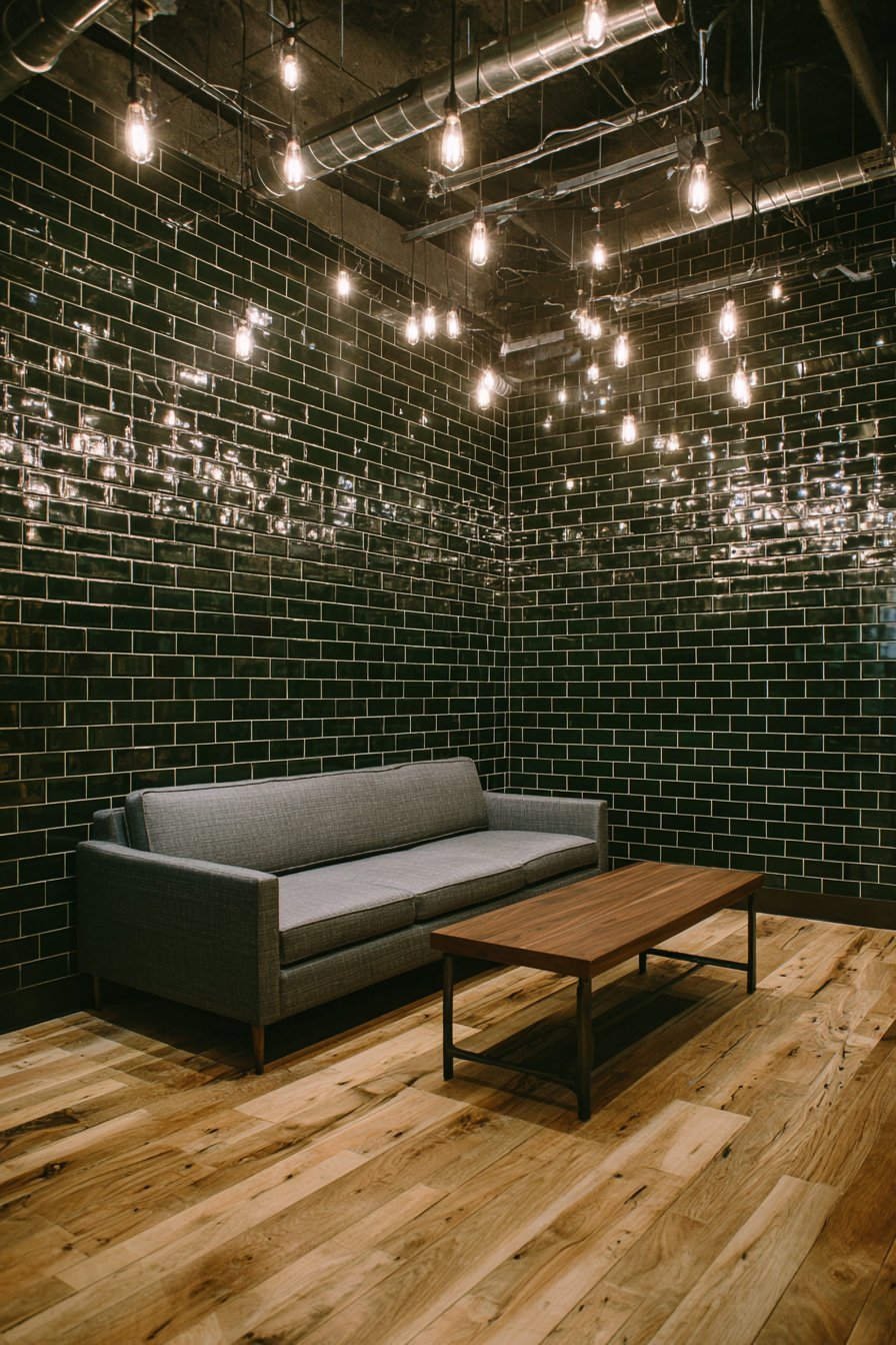 Dark green glossy subway tile wall behind a grey flannel sofa with string lights and white oak floor