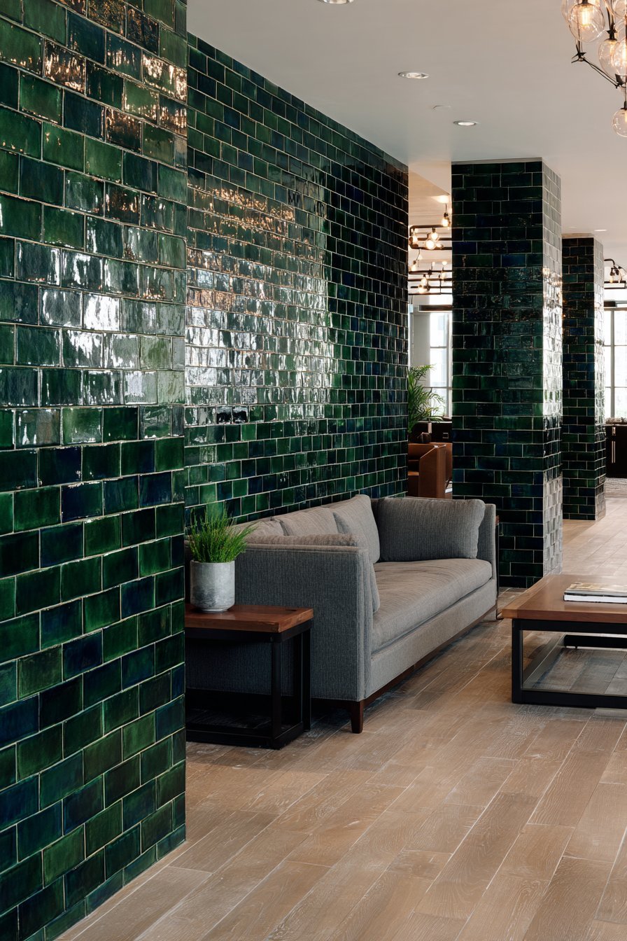Dark green glossy subway tile wall behind a grey flannel sofa with string lights and white oak floor