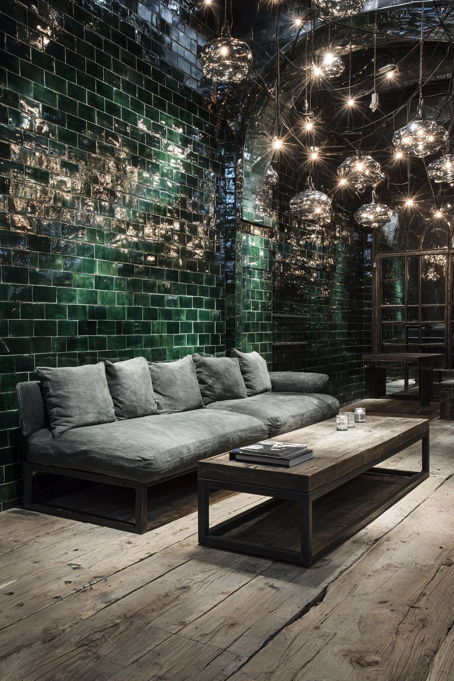 Dark green glossy subway tile wall behind a grey flannel sofa with string lights and white oak floor