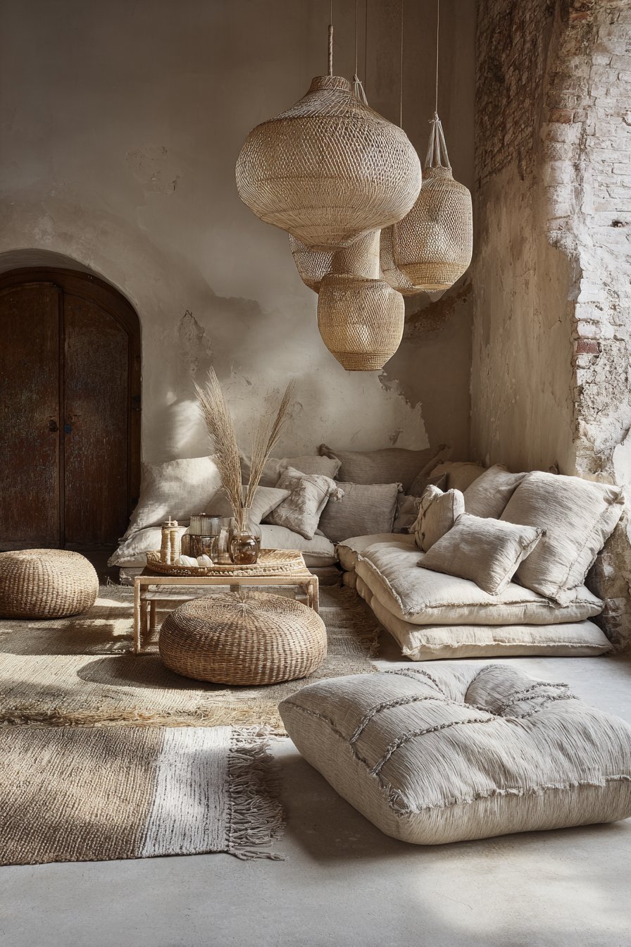 Bohemian neutral living room with oatmeal slipcovered sofa, kilim rug, limewashed brick and rattan pendants