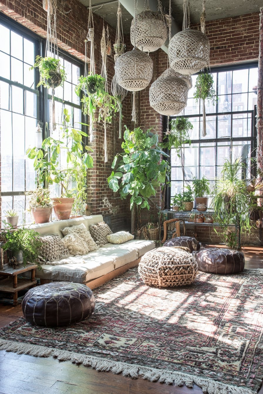 Bohemian neutral living room with oatmeal slipcovered sofa, kilim rug, limewashed brick and rattan pendants