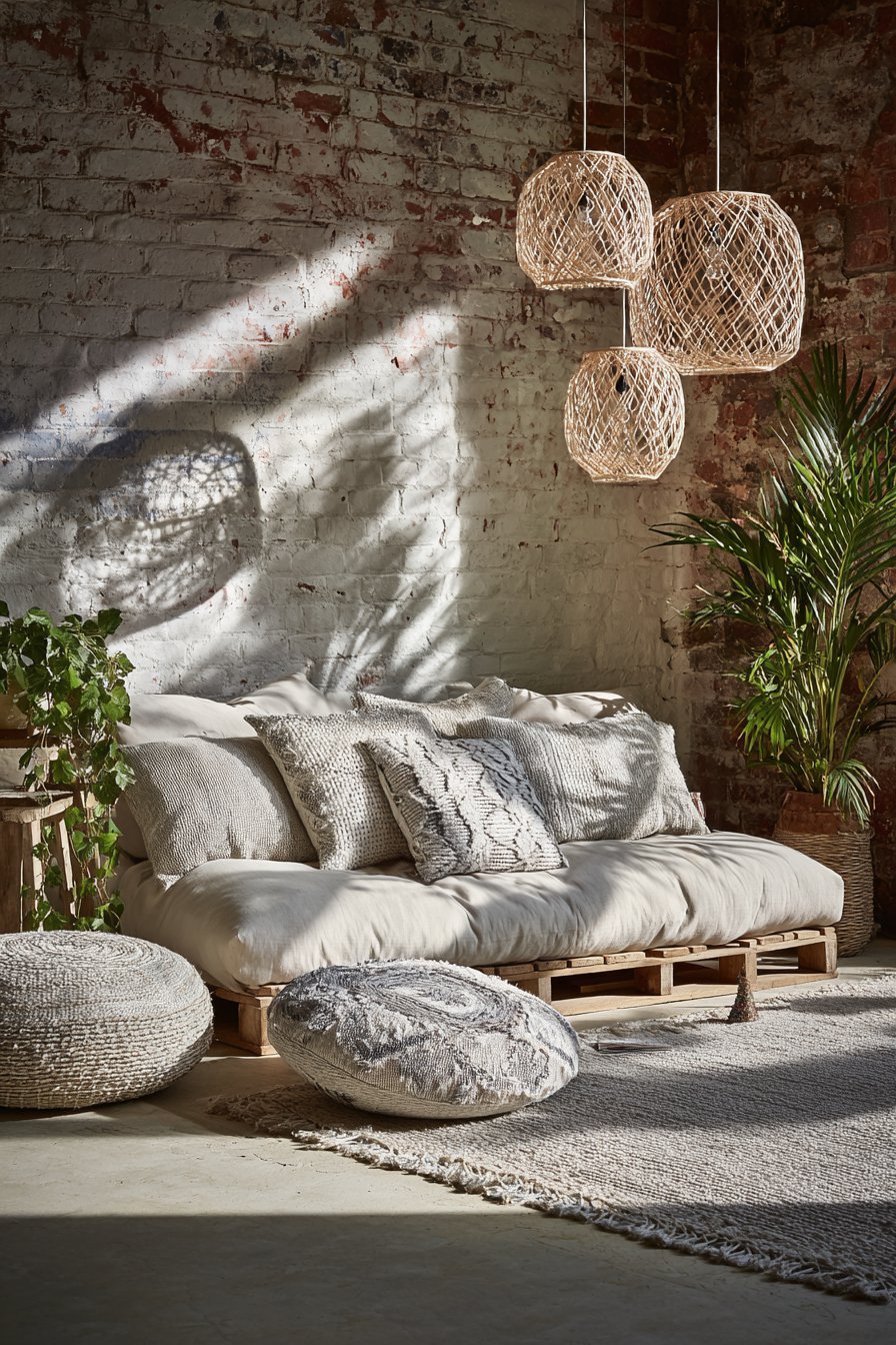 Bohemian neutral living room with oatmeal slipcovered sofa, kilim rug, limewashed brick and rattan pendants