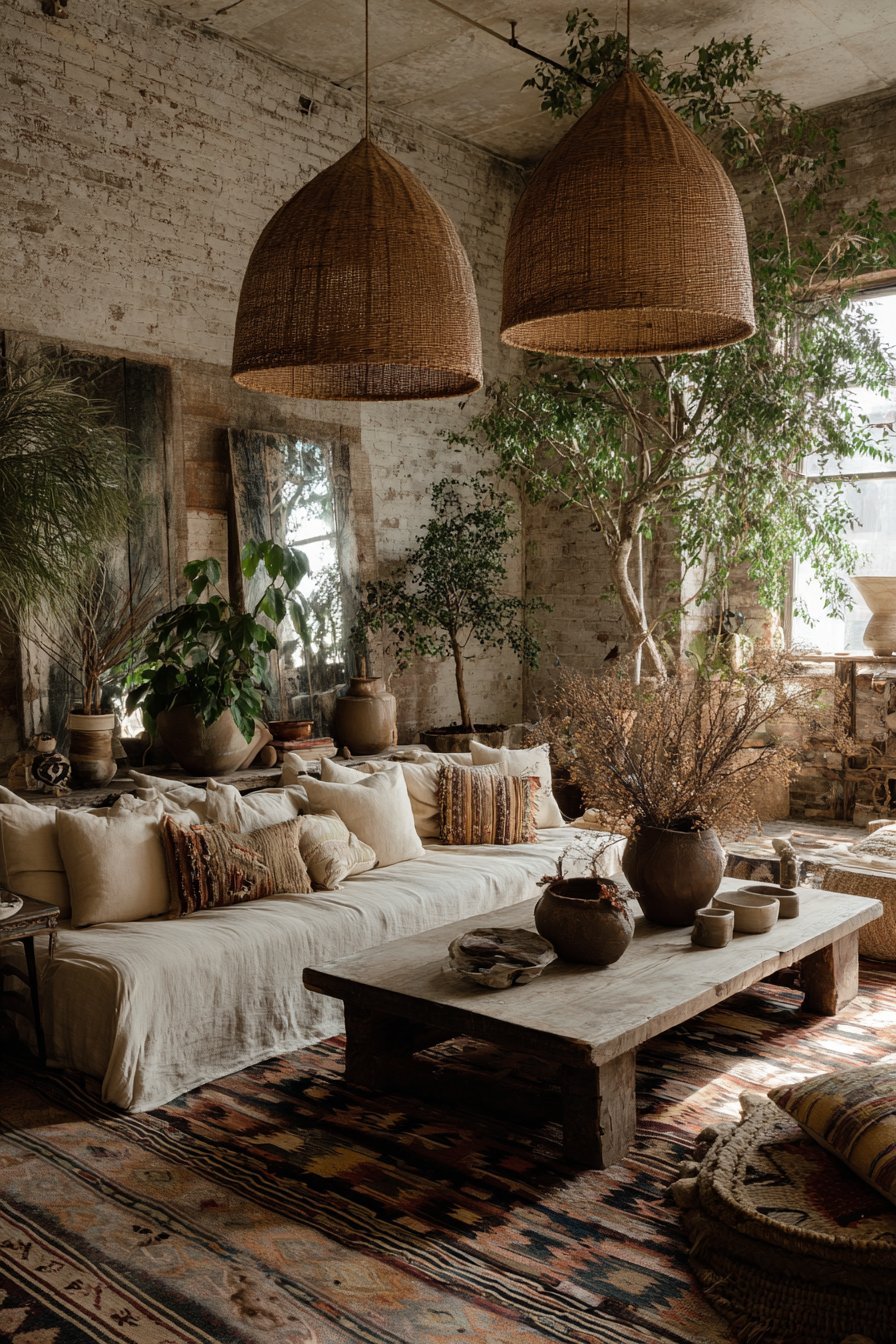 Bohemian neutral living room with oatmeal slipcovered sofa, kilim rug, limewashed brick and rattan pendants