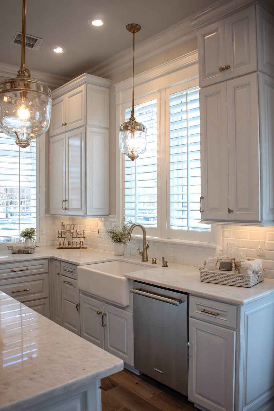 Floor-to-ceiling greige shaker cabinets with white quartz, apron sink, plantation shutters and island breakfast bar