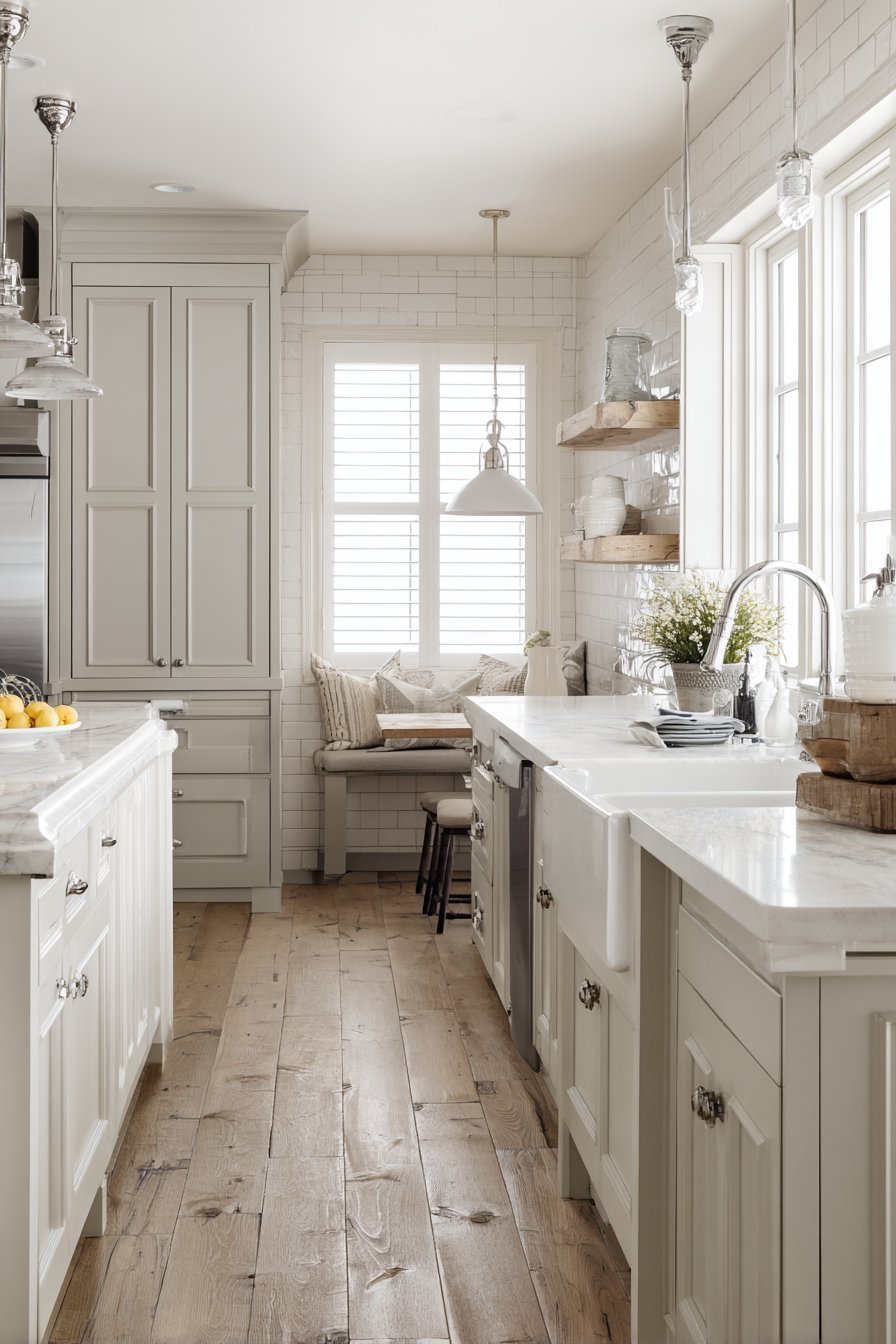 Floor-to-ceiling greige shaker cabinets with white quartz, apron sink, plantation shutters and island breakfast bar