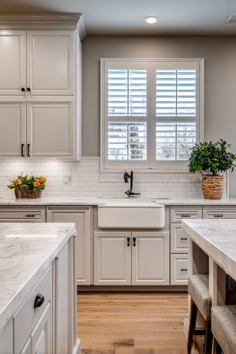 Floor-to-ceiling greige shaker cabinets with white quartz, apron sink, plantation shutters and island breakfast bar