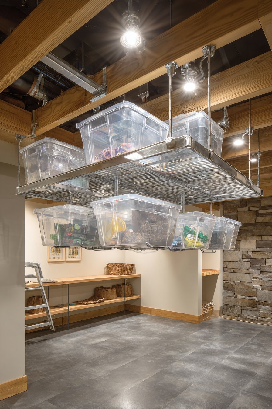 Overhead ceiling-mounted steel racks with a pulley system holding clear totes above a clear slate grey basement floor