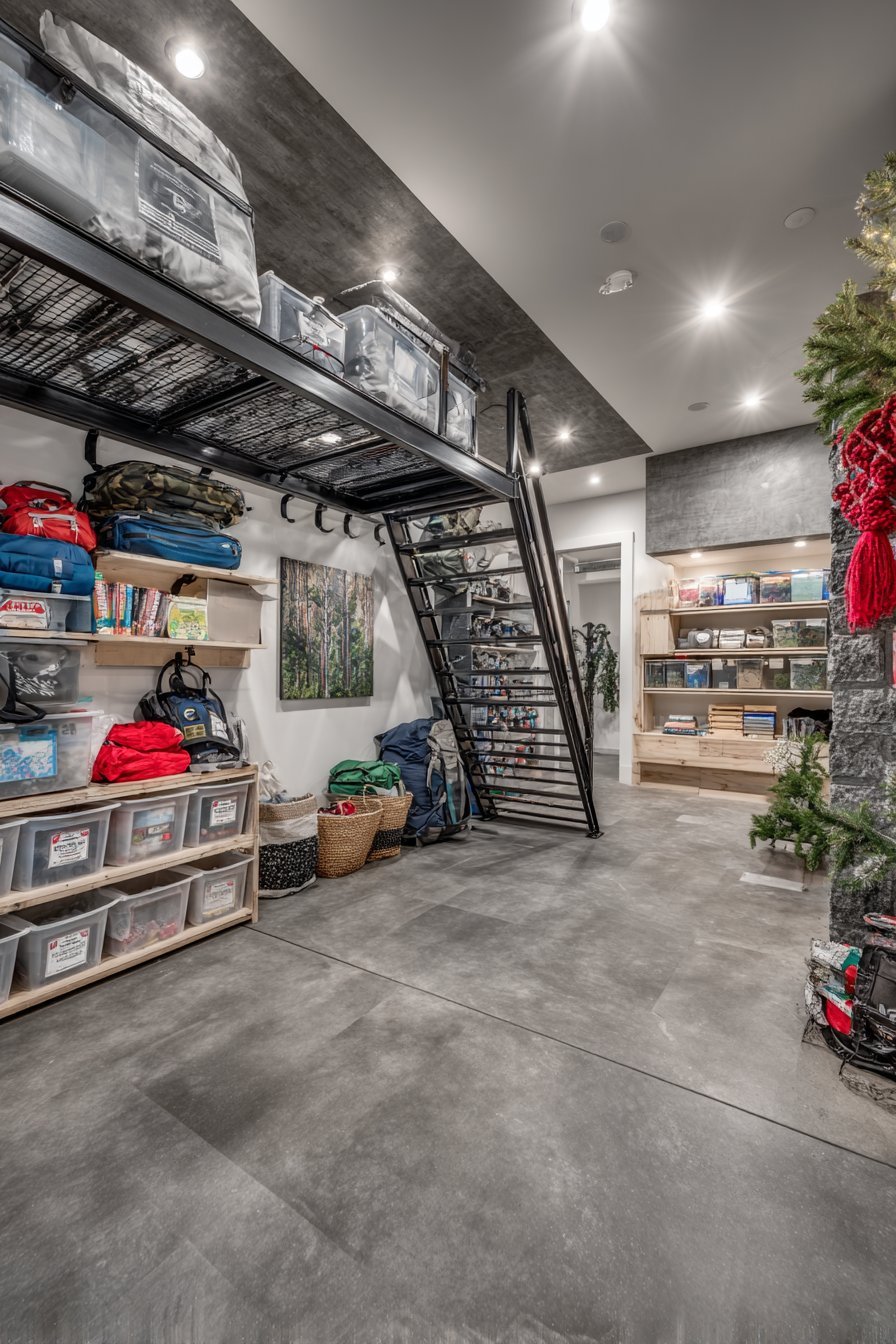 Overhead ceiling-mounted steel racks with a pulley system holding clear totes above a clear slate grey basement floor