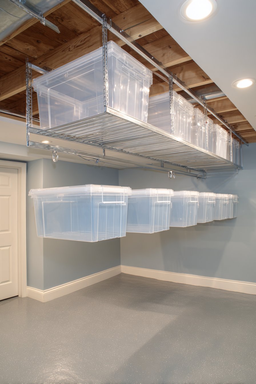 Overhead ceiling-mounted steel racks with a pulley system holding clear totes above a clear slate grey basement floor