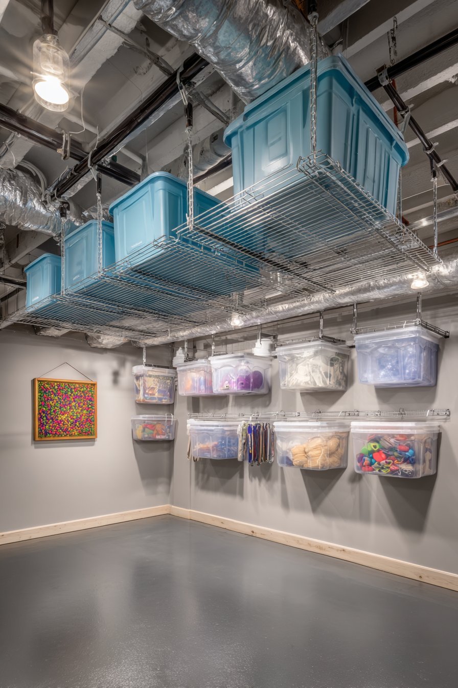 Overhead ceiling-mounted steel racks with a pulley system holding clear totes above a clear slate grey basement floor