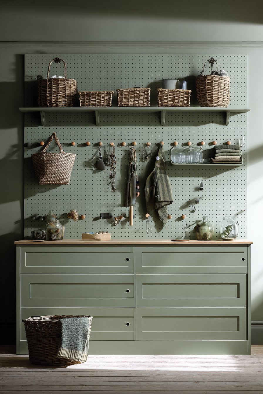 Sage green pegboard above a low dresser with hanging baskets, jewelry hooks and small shelves