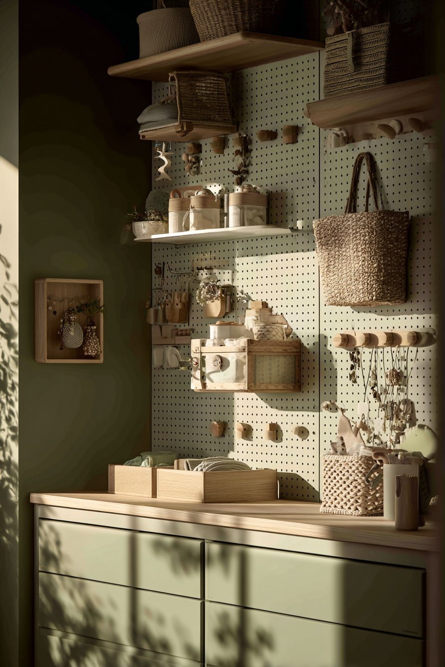 Sage green pegboard above a low dresser with hanging baskets, jewelry hooks and small shelves