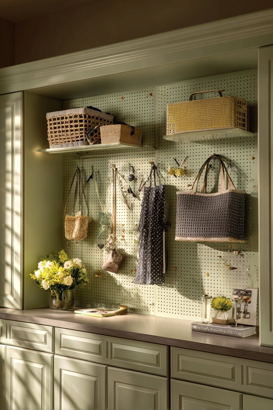 Sage green pegboard above a low dresser with hanging baskets, jewelry hooks and small shelves