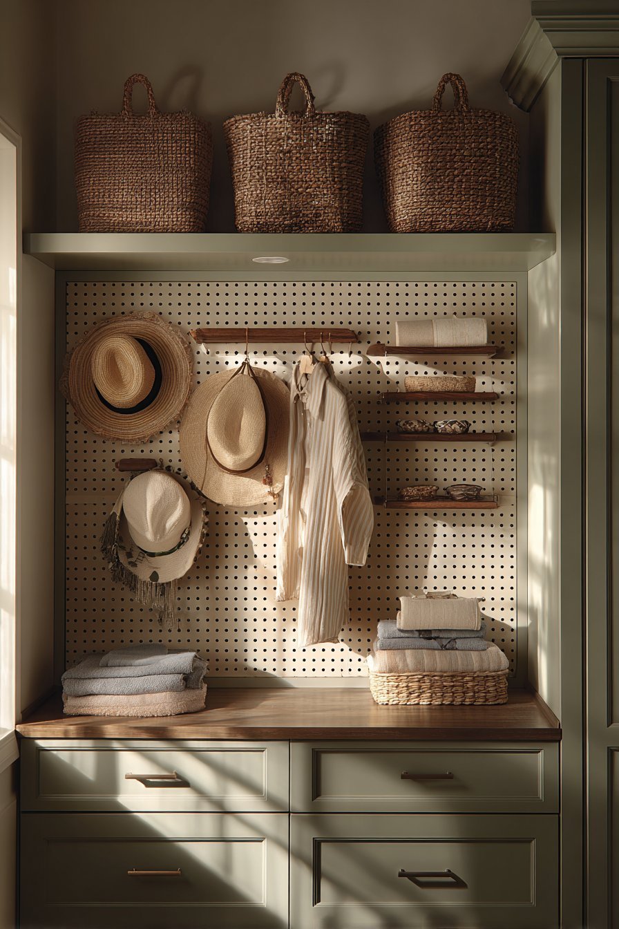 Sage green pegboard above a low dresser with hanging baskets, jewelry hooks and small shelves