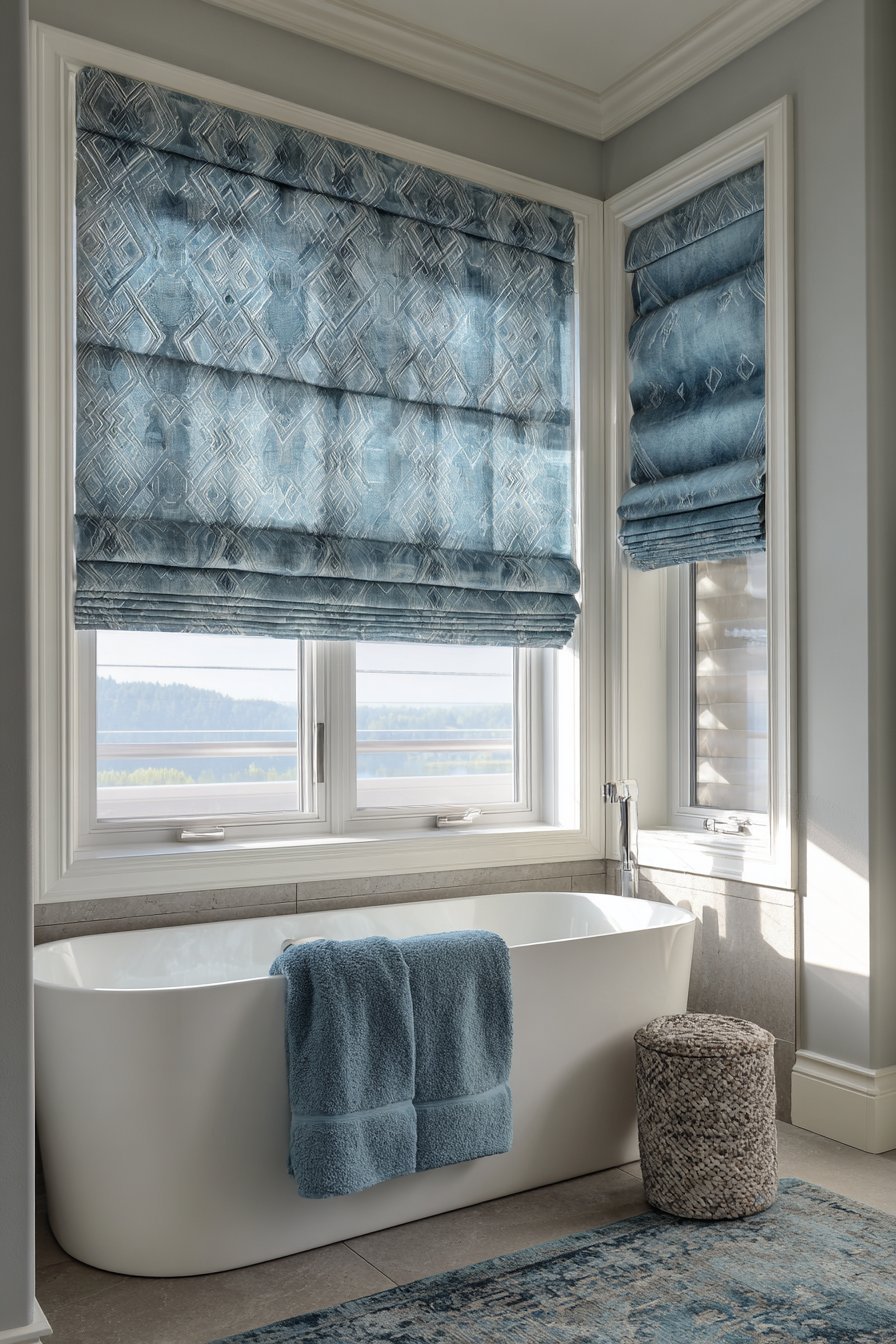 Blue and grey geometric roman shade at half height above a freestanding tub with plush towels and rug