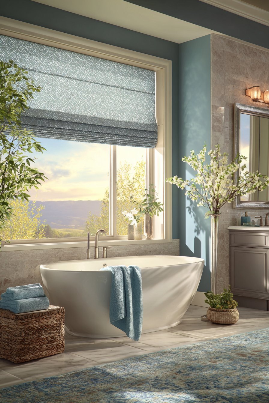 Blue and grey geometric roman shade at half height above a freestanding tub with plush towels and rug