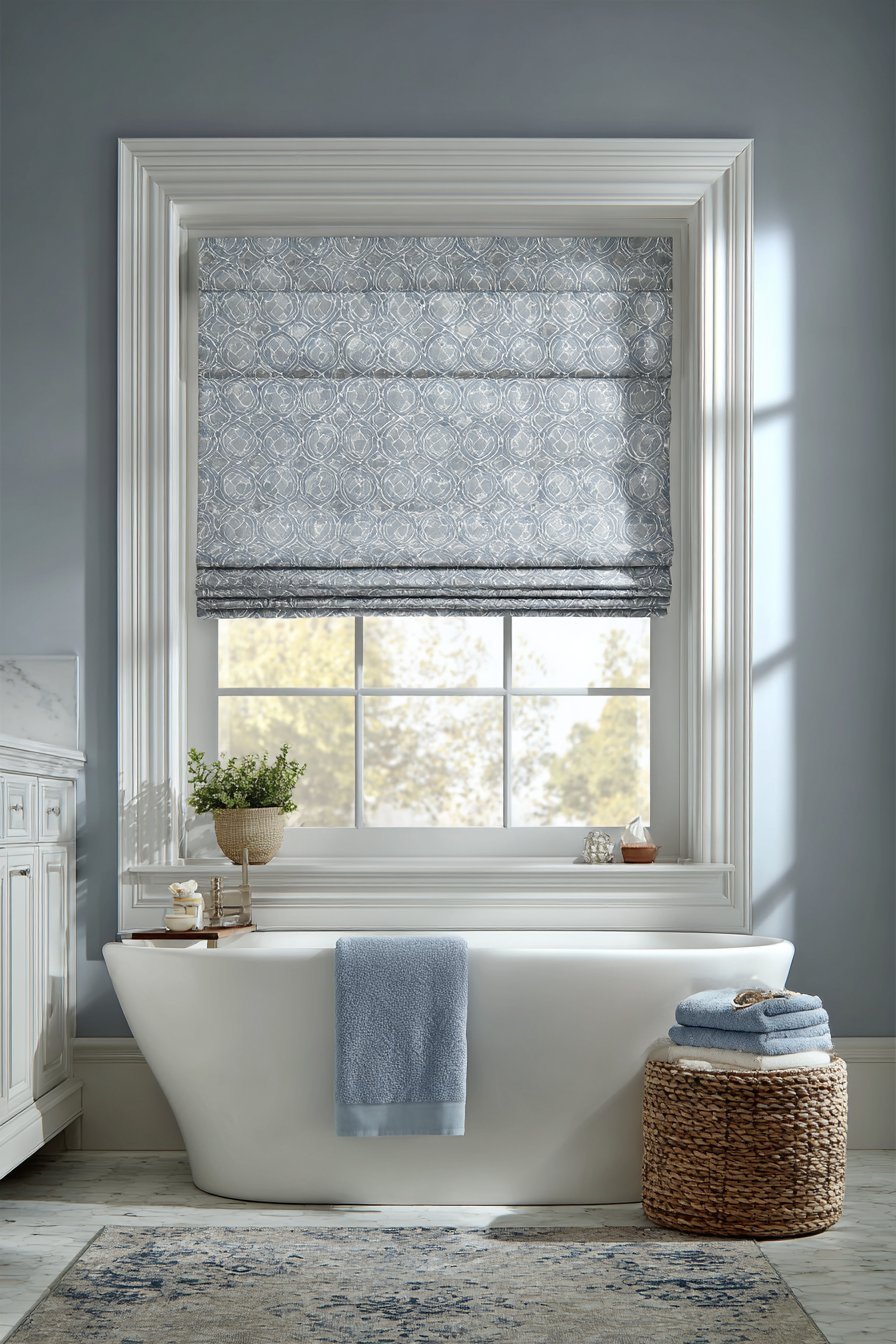 Blue and grey geometric roman shade at half height above a freestanding tub with plush towels and rug