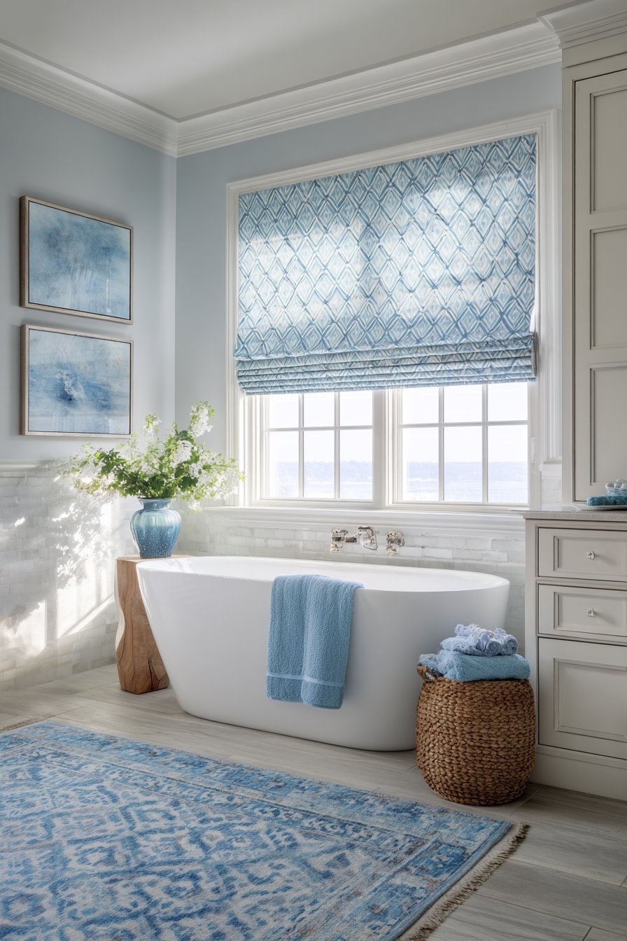 Blue and grey geometric roman shade at half height above a freestanding tub with plush towels and rug