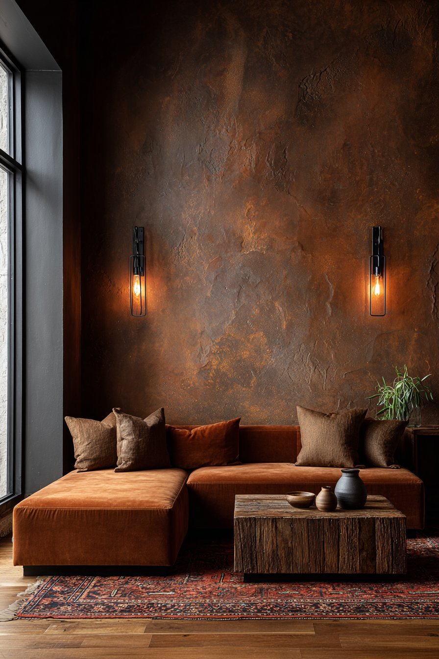 Terracotta plaster walls with rust velvet sectional, reclaimed wood coffee table and Moroccan rug