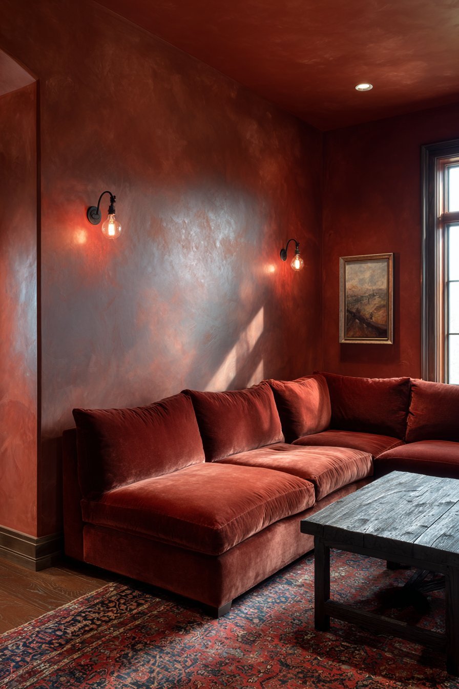 Terracotta plaster walls with rust velvet sectional, reclaimed wood coffee table and Moroccan rug