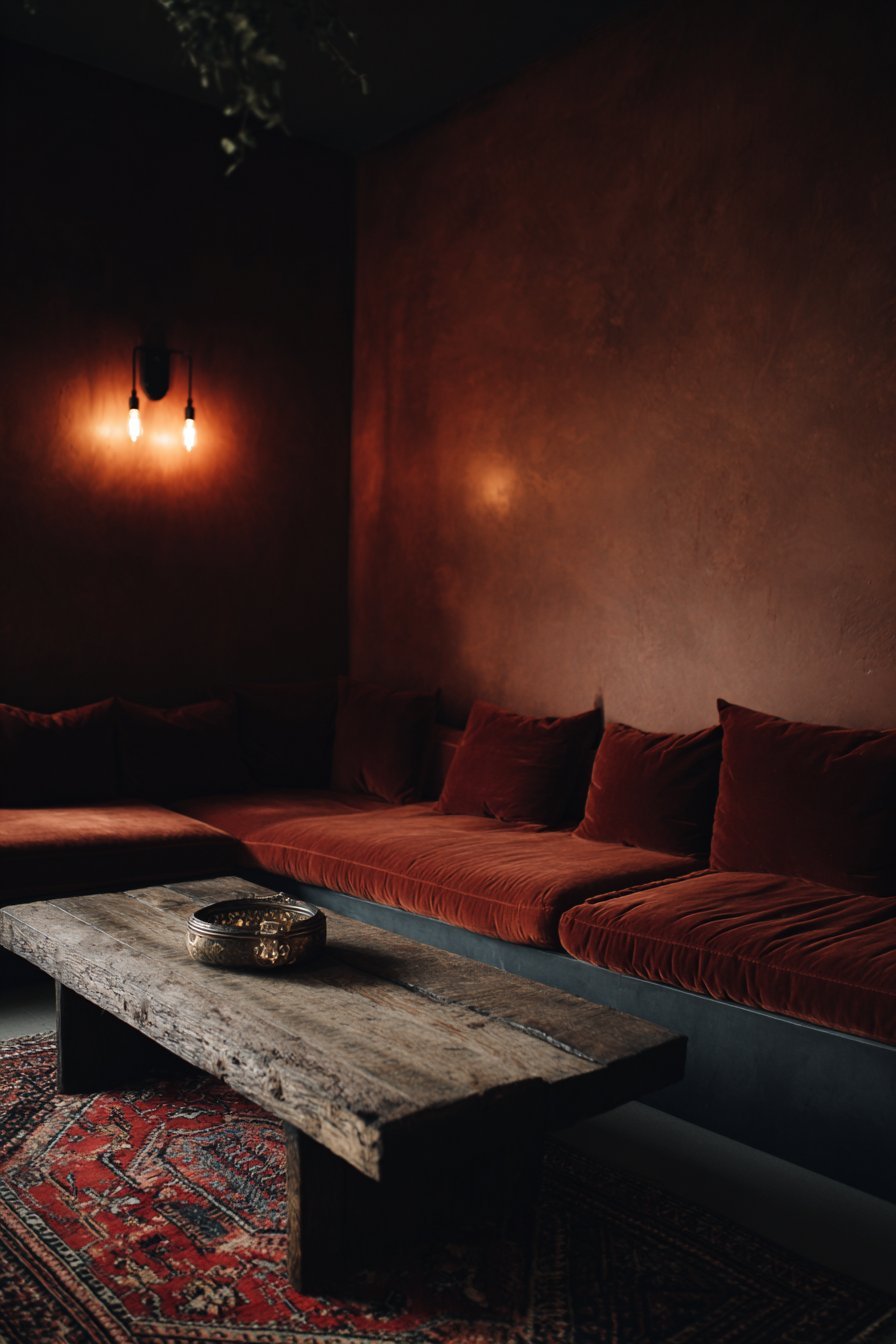 Terracotta plaster walls with rust velvet sectional, reclaimed wood coffee table and Moroccan rug