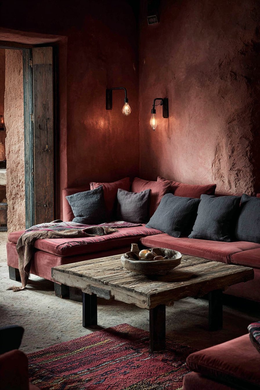 Terracotta plaster walls with rust velvet sectional, reclaimed wood coffee table and Moroccan rug