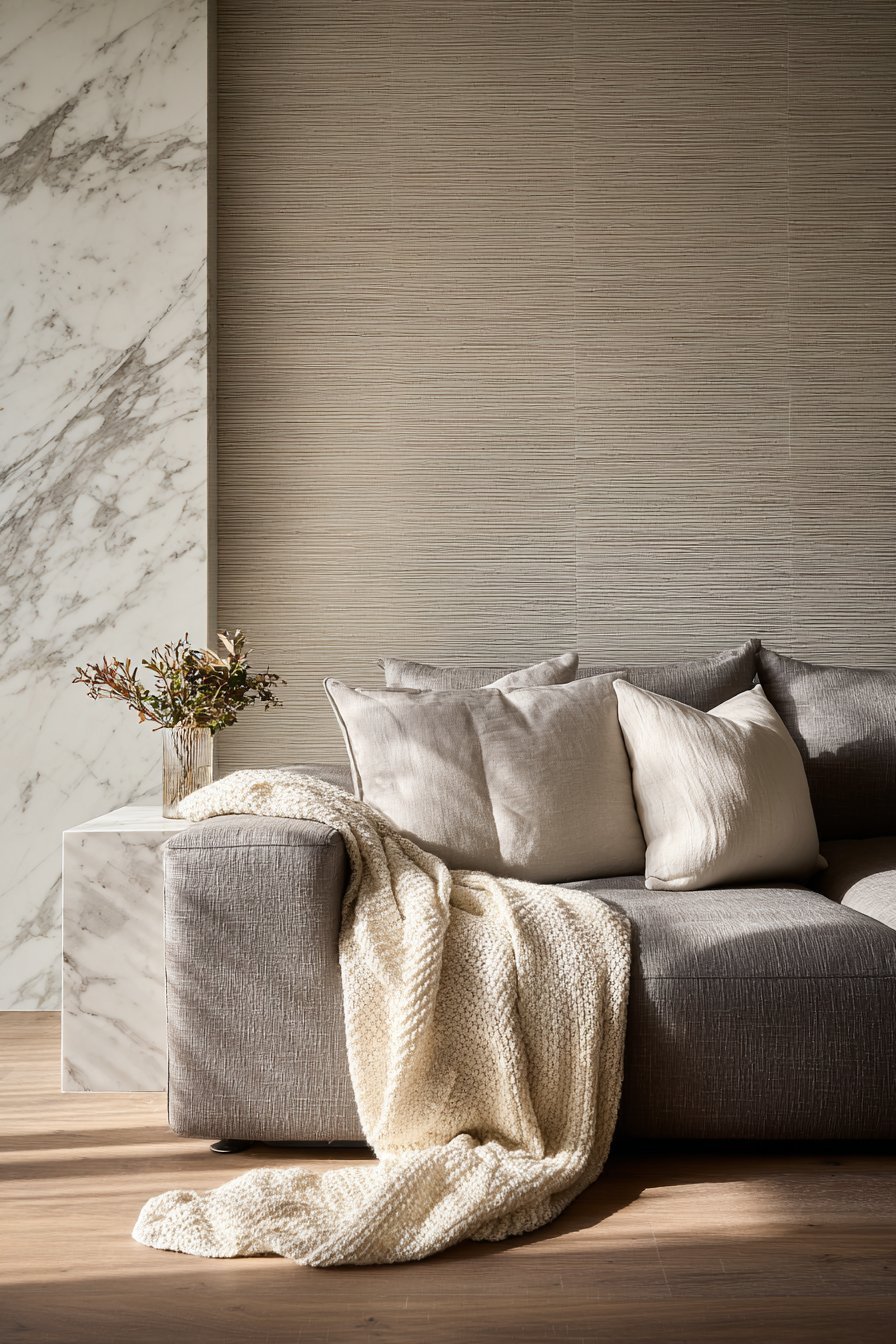 Luxury neutral living room with mushroom grey Belgian linen sofa, Calacatta marble table and silk grasscloth walls