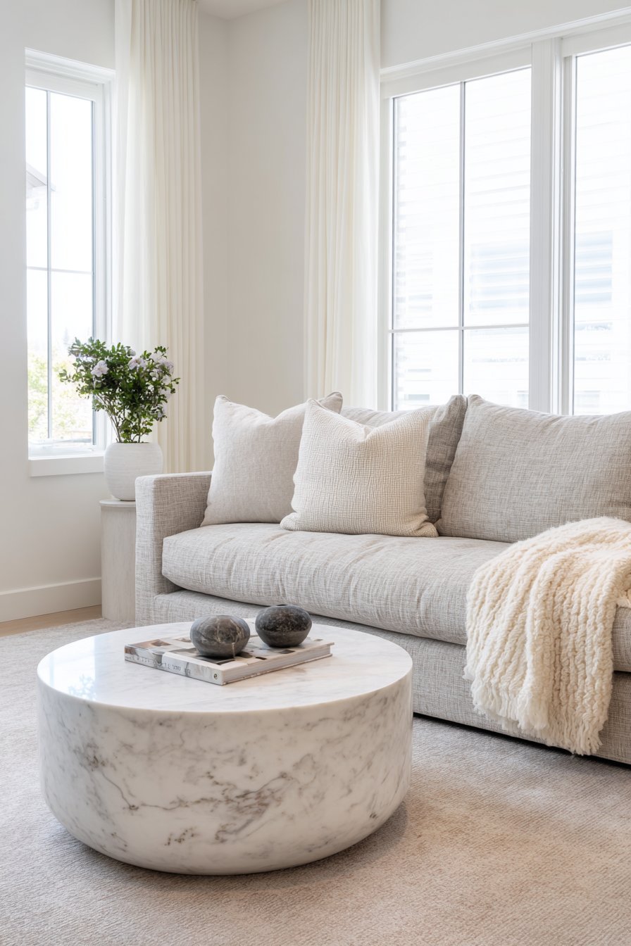 Luxury neutral living room with mushroom grey Belgian linen sofa, Calacatta marble table and silk grasscloth walls