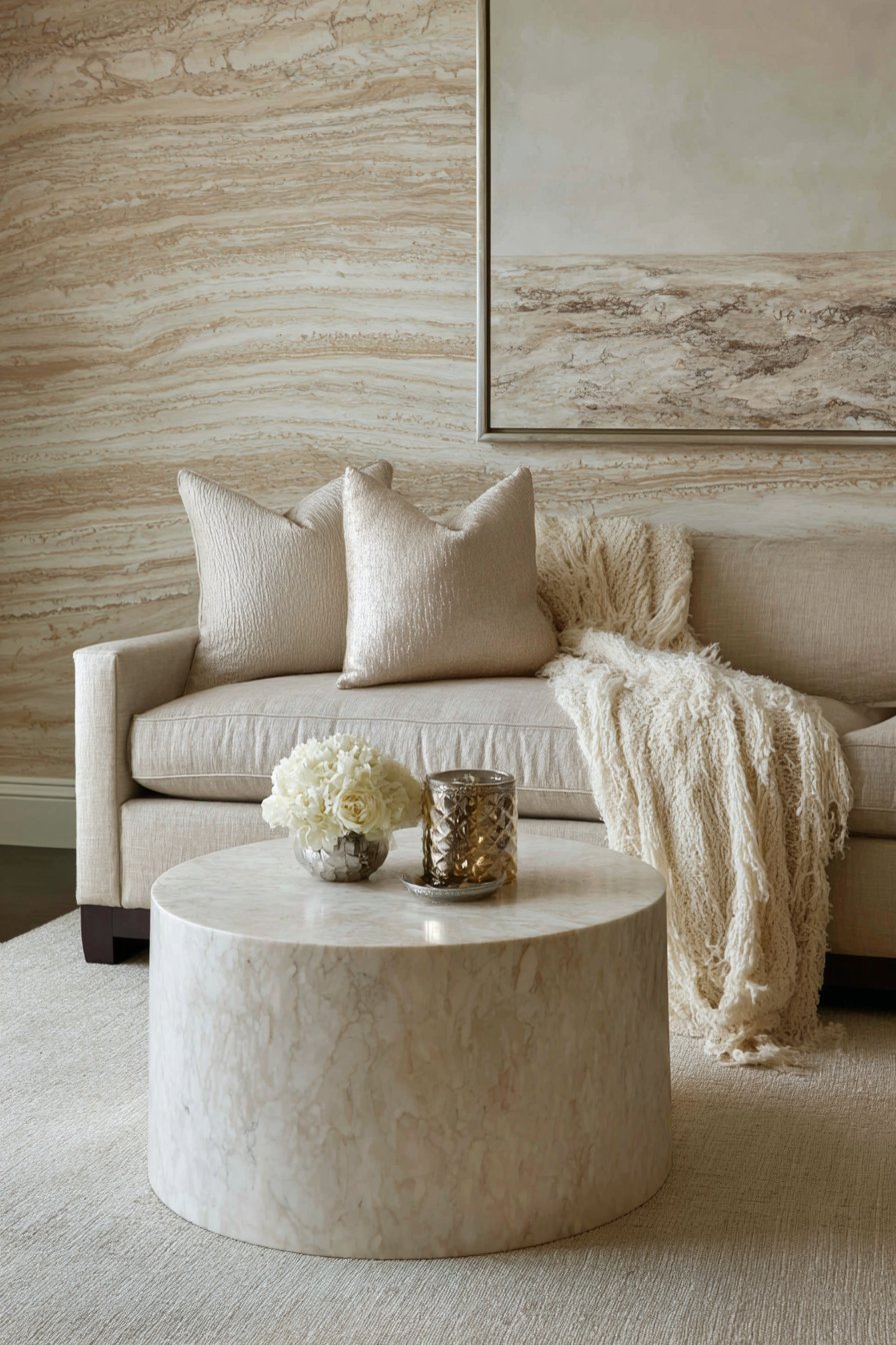 Luxury neutral living room with mushroom grey Belgian linen sofa, Calacatta marble table and silk grasscloth walls