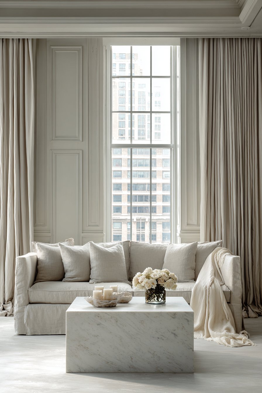 Luxury neutral living room with mushroom grey Belgian linen sofa, Calacatta marble table and silk grasscloth walls