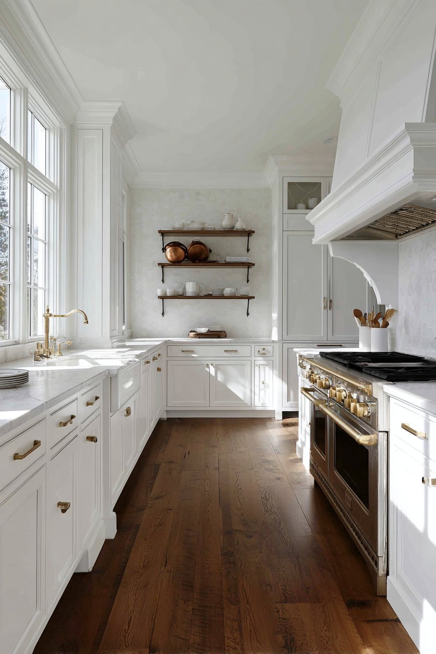 White inset cabinets with black soapstone counters, brass-trimmed range under a corbeled hood and marble hexagon tile