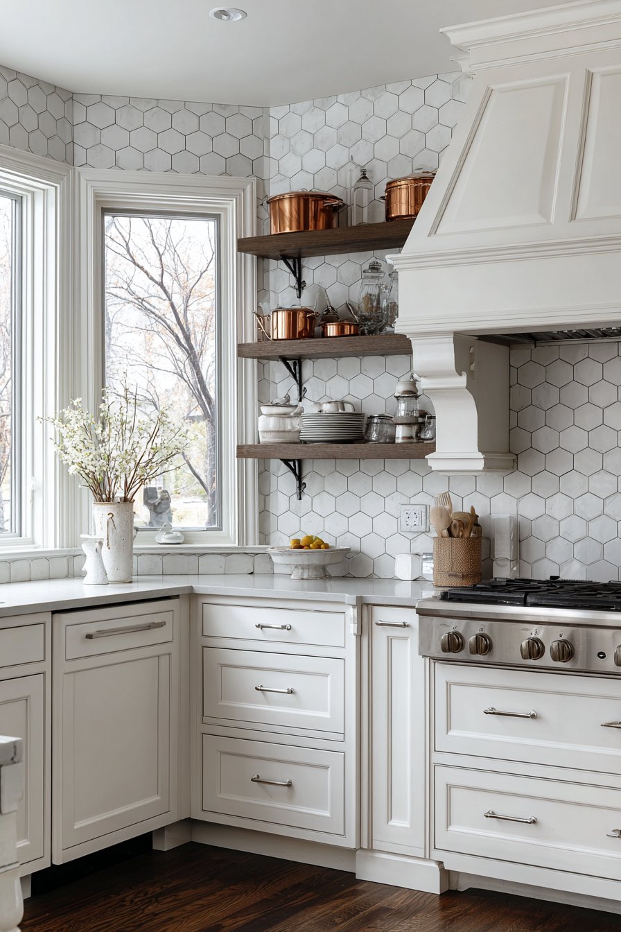 White inset cabinets with black soapstone counters, brass-trimmed range under a corbeled hood and marble hexagon tile