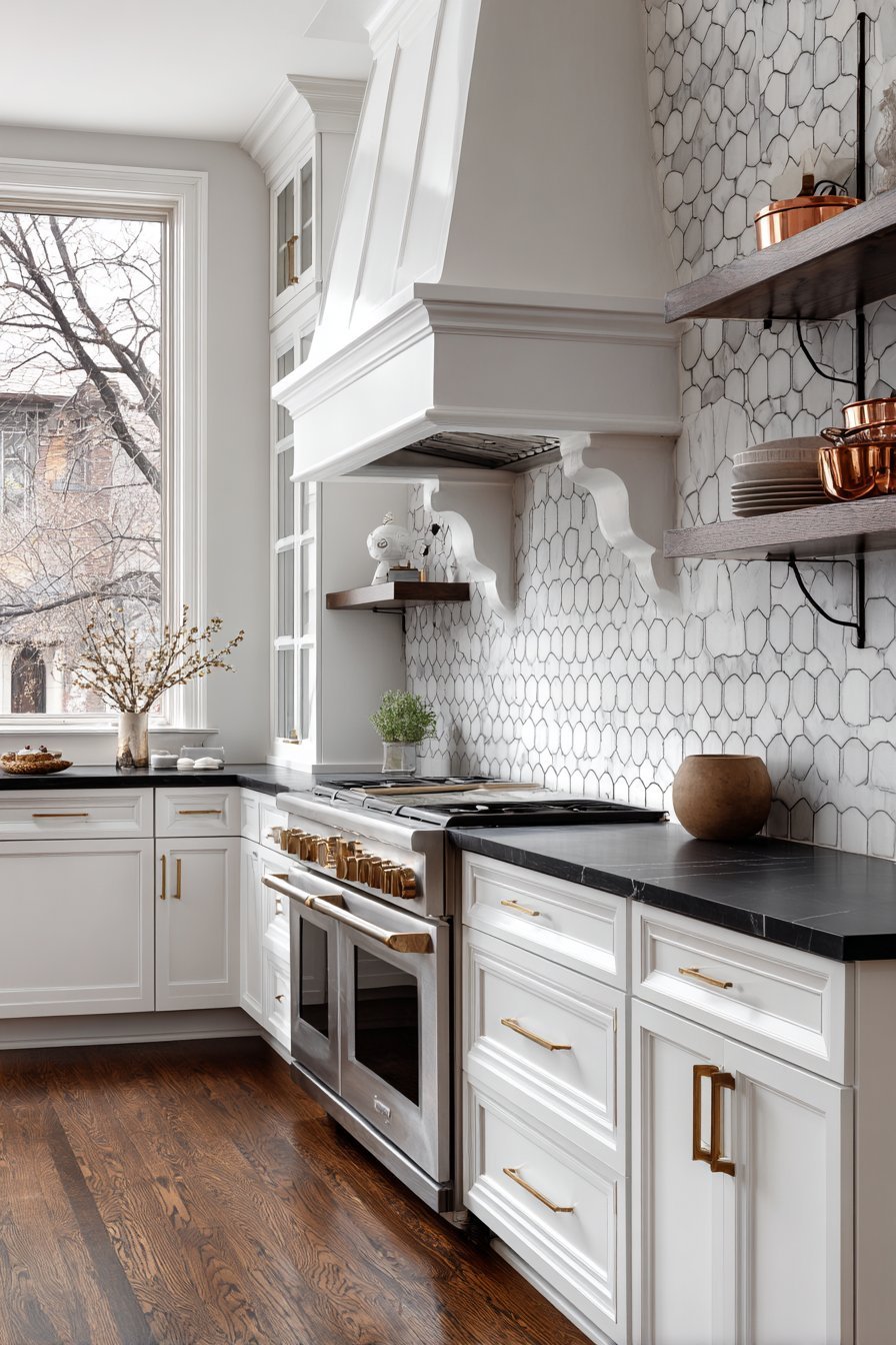 White inset cabinets with black soapstone counters, brass-trimmed range under a corbeled hood and marble hexagon tile