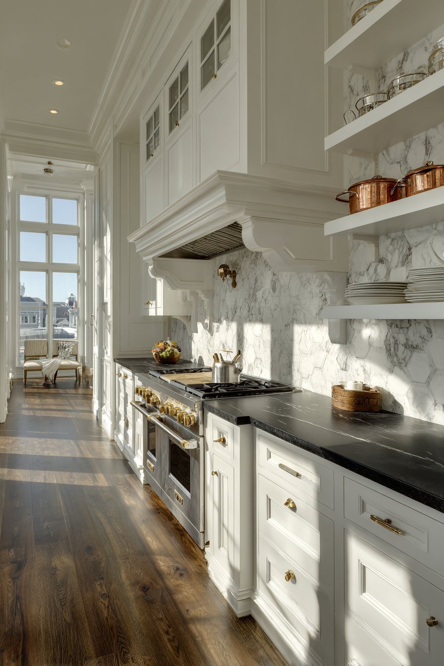 White inset cabinets with black soapstone counters, brass-trimmed range under a corbeled hood and marble hexagon tile
