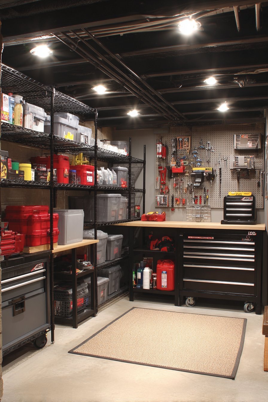 Basement workshop storage with wire shelving, grey cabinets, rolling tool chests, french cleat wall and foldable table
