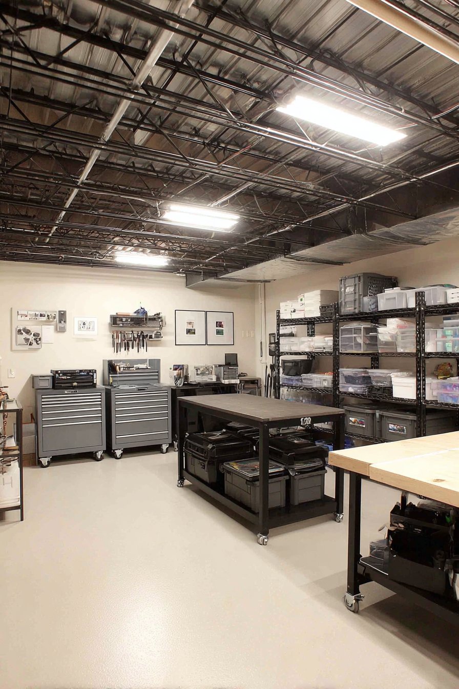 Basement workshop storage with wire shelving, grey cabinets, rolling tool chests, french cleat wall and foldable table