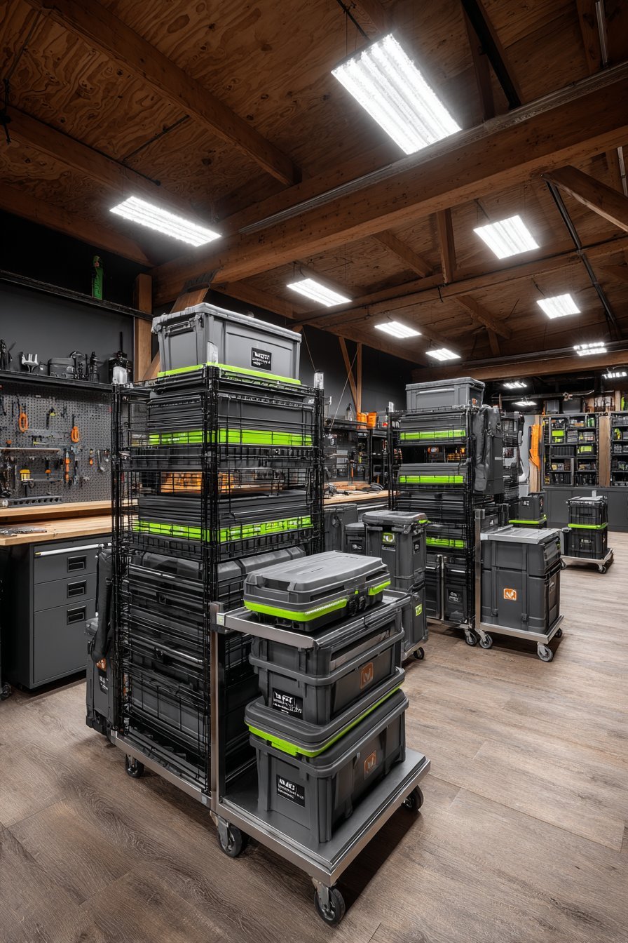 Basement workshop storage with wire shelving, grey cabinets, rolling tool chests, french cleat wall and foldable table