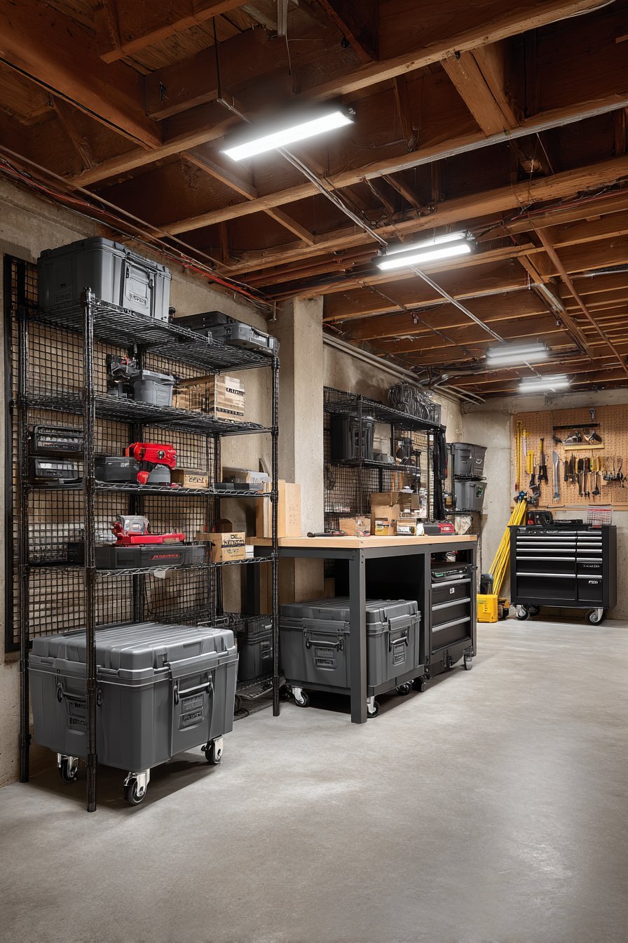 Basement workshop storage with wire shelving, grey cabinets, rolling tool chests, french cleat wall and foldable table