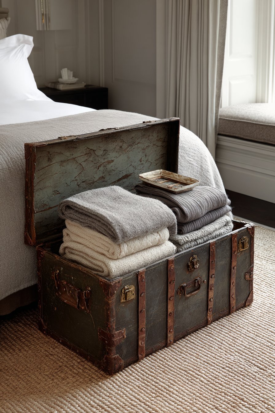 Weathered leather trunk with brass corner protectors at the foot of a bed on a jute rug, with a folded throw and tray