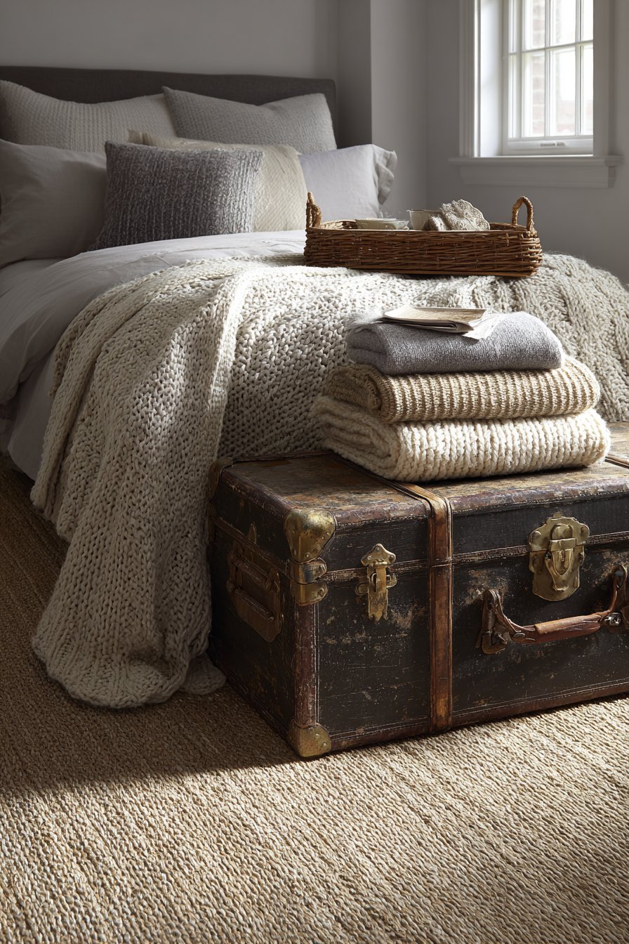 Weathered leather trunk with brass corner protectors at the foot of a bed on a jute rug, with a folded throw and tray