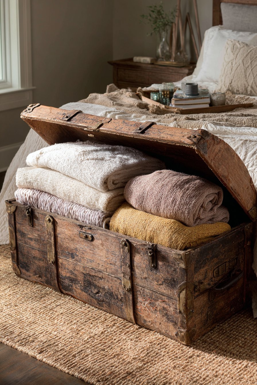 Weathered leather trunk with brass corner protectors at the foot of a bed on a jute rug, with a folded throw and tray
