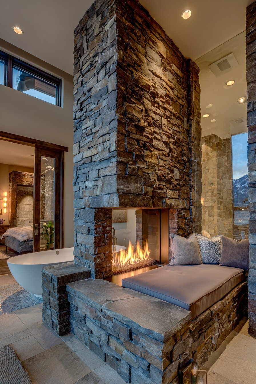 Stacked stone double-sided fireplace between a soaking tub and a cushioned storage bench