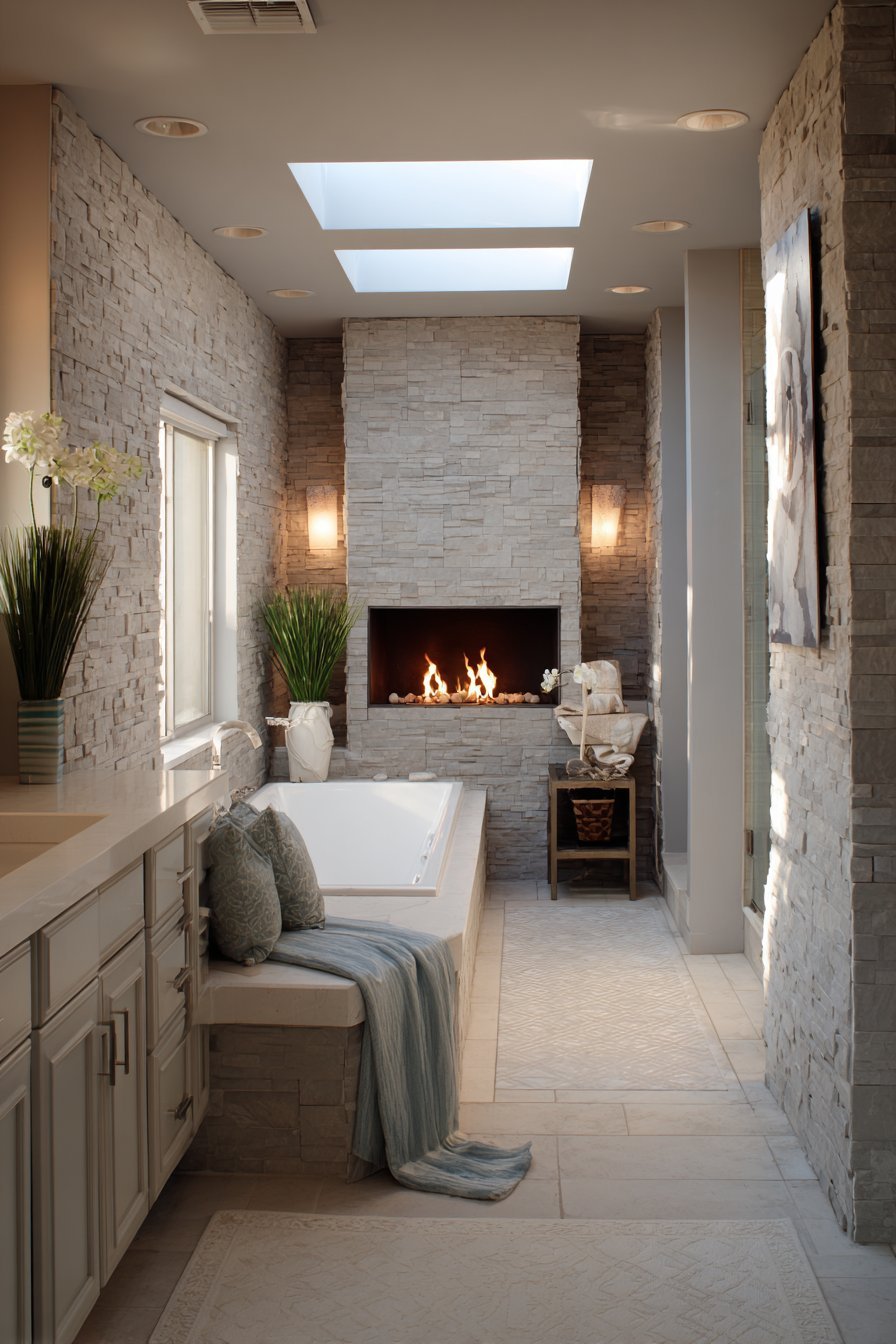 Stacked stone double-sided fireplace between a soaking tub and a cushioned storage bench