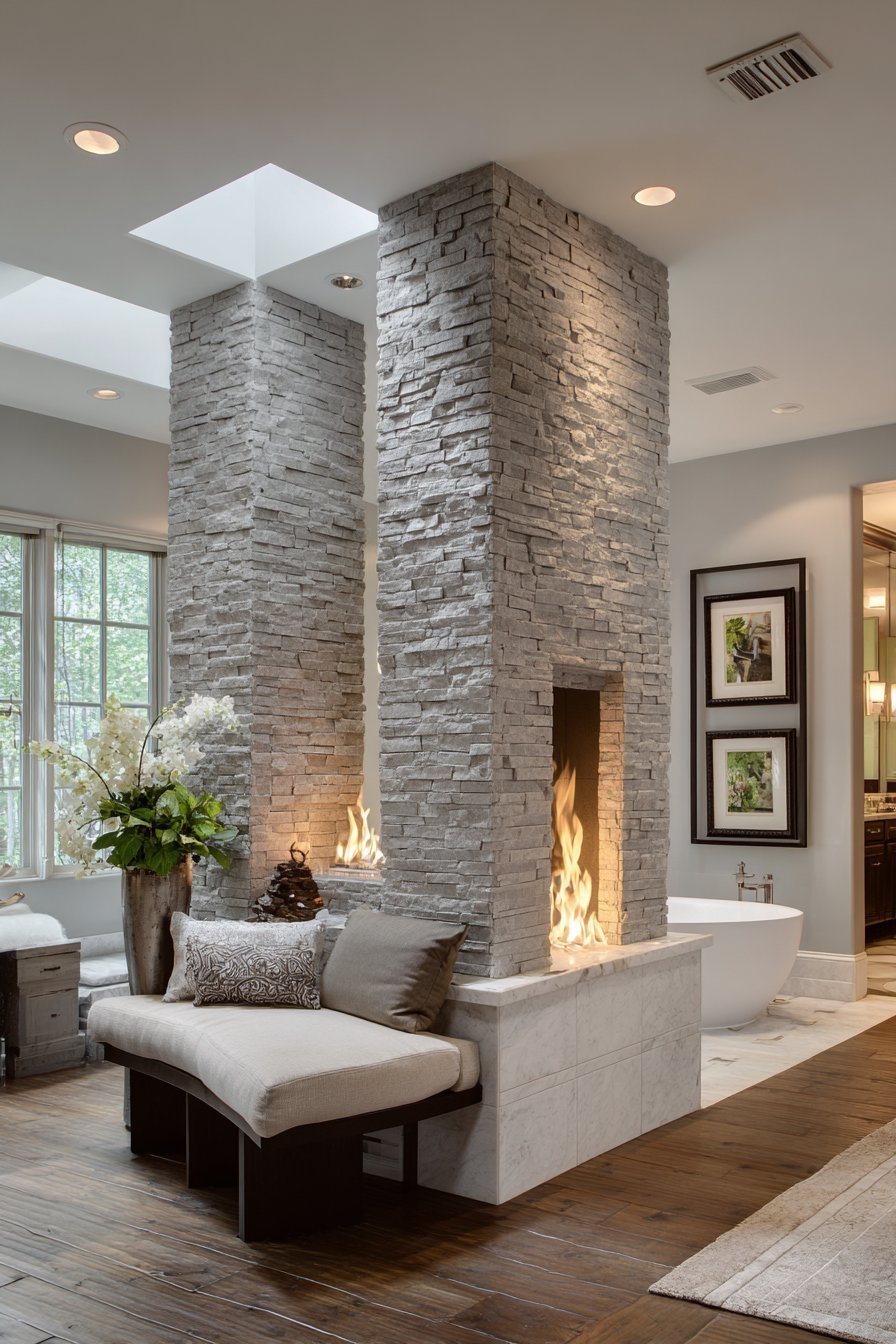 Stacked stone double-sided fireplace between a soaking tub and a cushioned storage bench