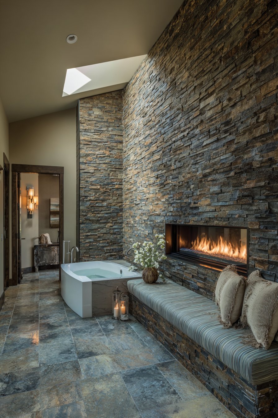 Stacked stone double-sided fireplace between a soaking tub and a cushioned storage bench