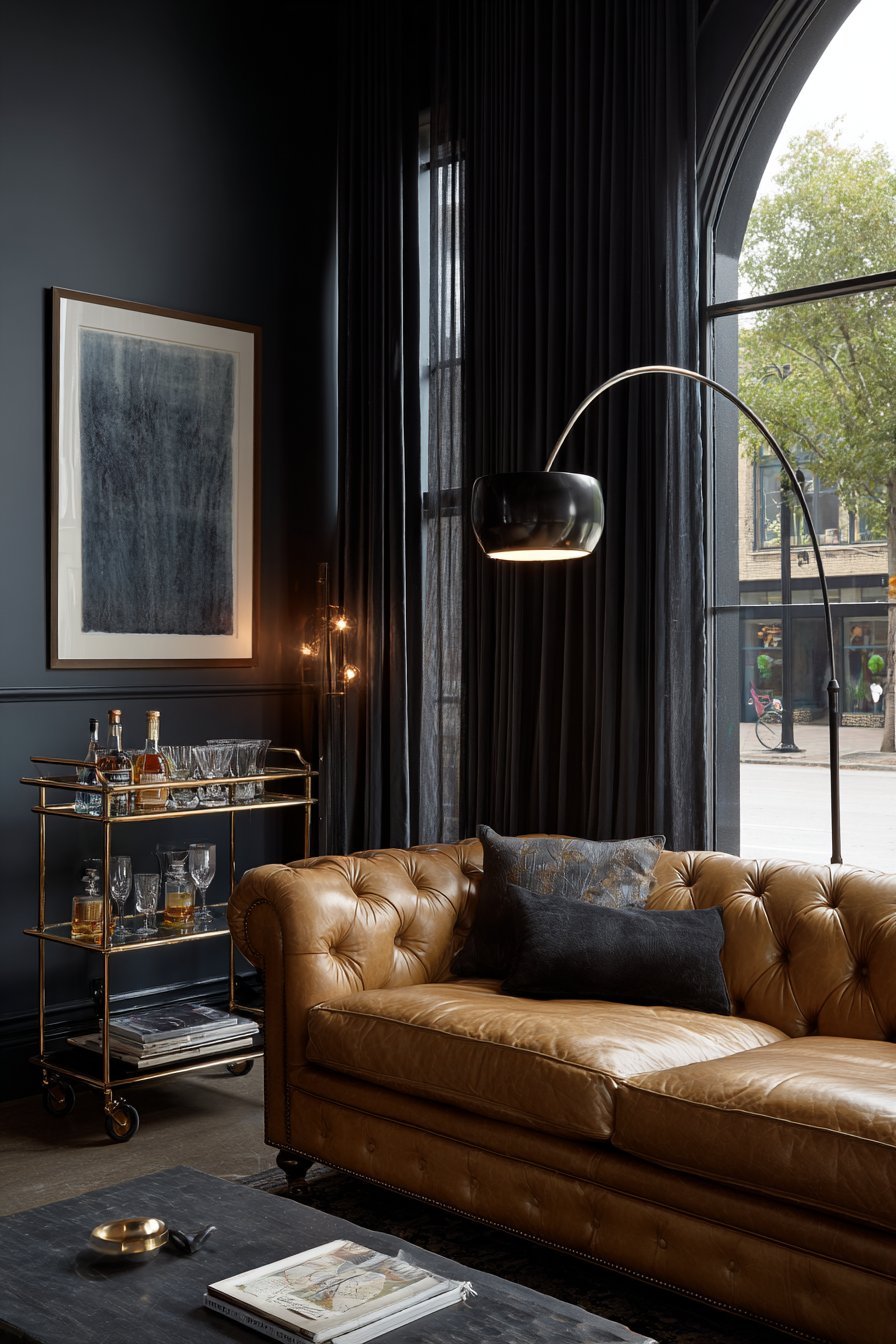 Inky blue-black walls with camel Chesterfield sofa, brass bar cart, black linen curtains and marble arc lamp