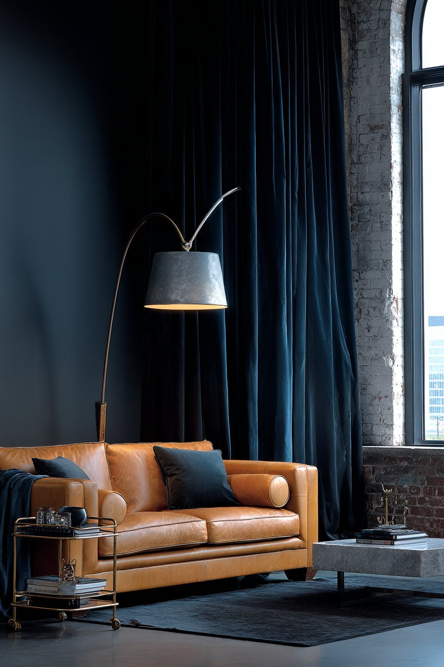 Inky blue-black walls with camel Chesterfield sofa, brass bar cart, black linen curtains and marble arc lamp