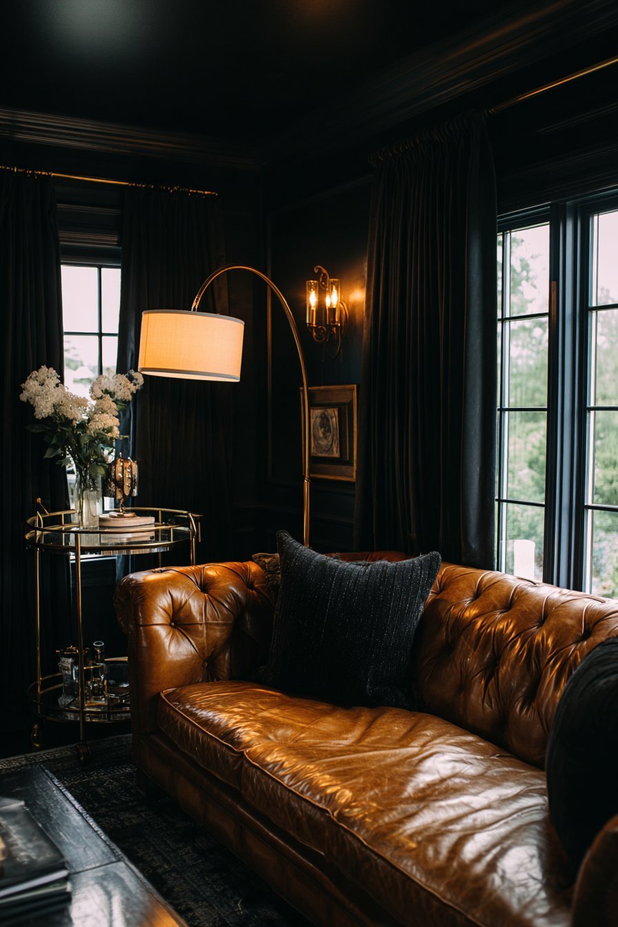 Inky blue-black walls with camel Chesterfield sofa, brass bar cart, black linen curtains and marble arc lamp