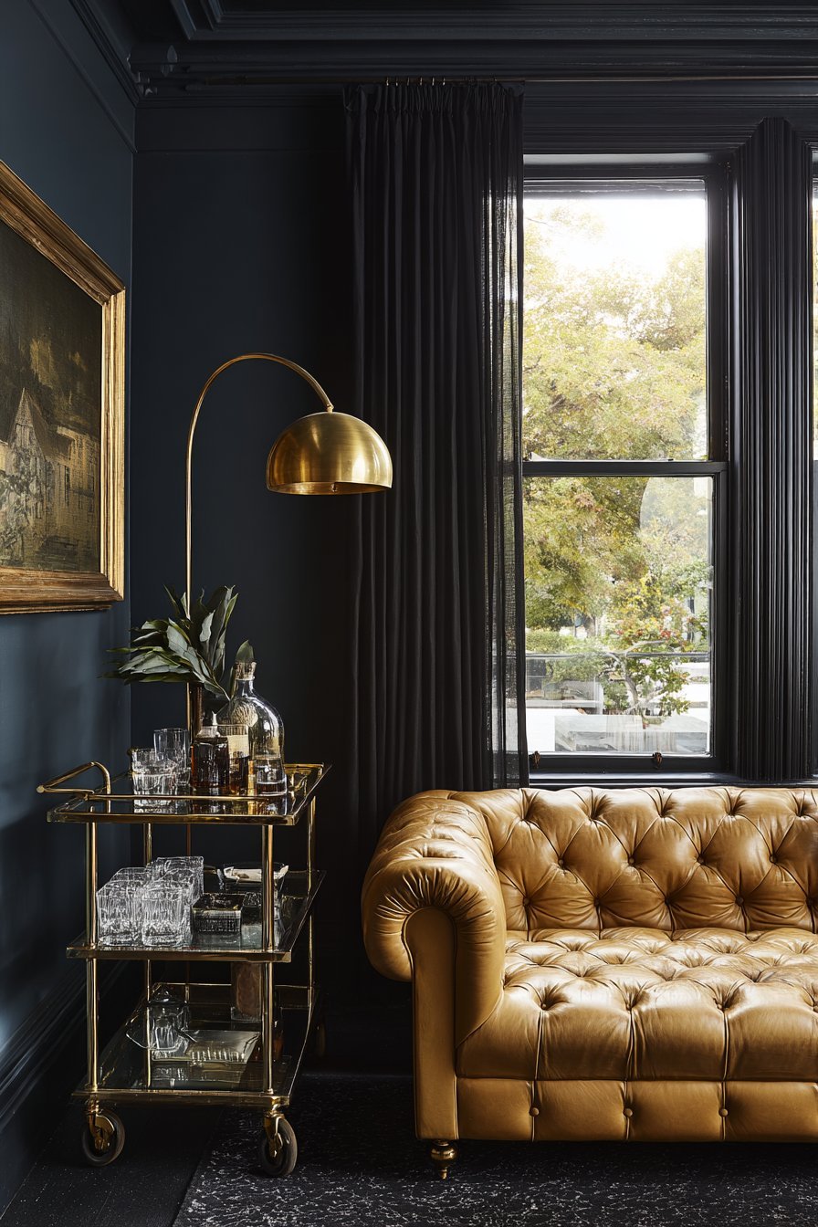 Inky blue-black walls with camel Chesterfield sofa, brass bar cart, black linen curtains and marble arc lamp